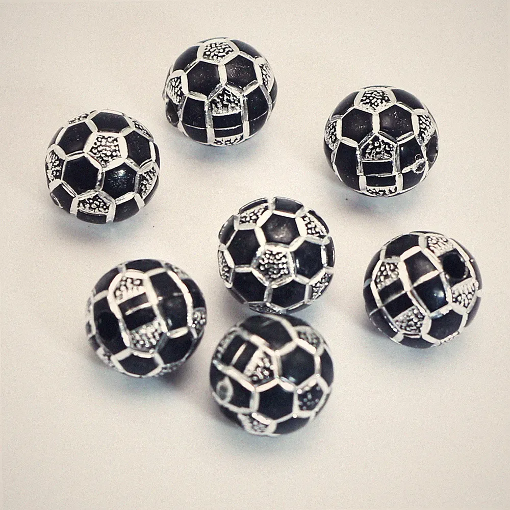 100 Black Sparkling Silver Football Soccer Pattern Acrylic Round Beads 10mm