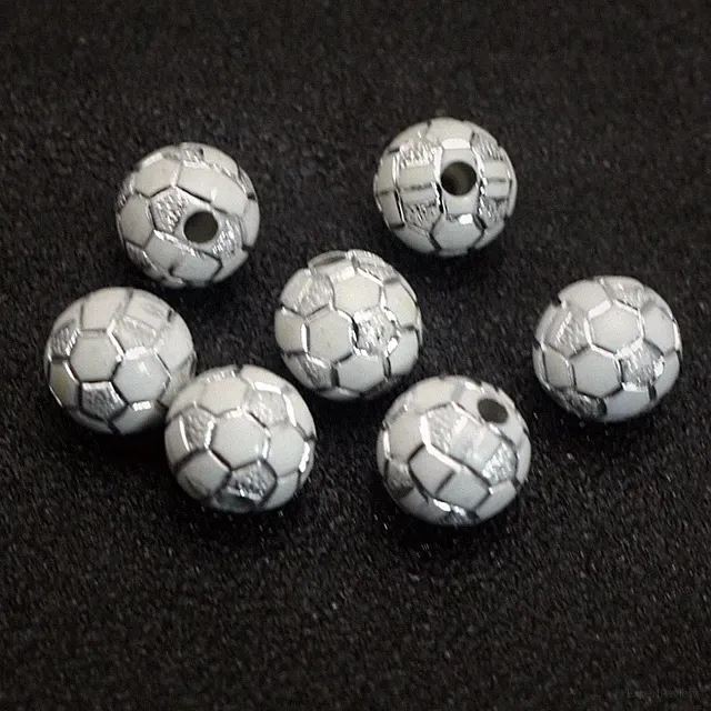 100 White Sparkling Silver Football Soccer Pattern Acrylic Round Beads 10mm