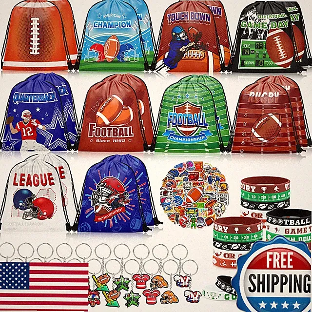 110 Pcs Football Party Favors: Drawstring Backpacks, Keychains, Bracelets, Stick