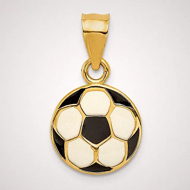 14k Yellow Gold Black and White Enameled Flat Soccer Ball Pendant Necklace