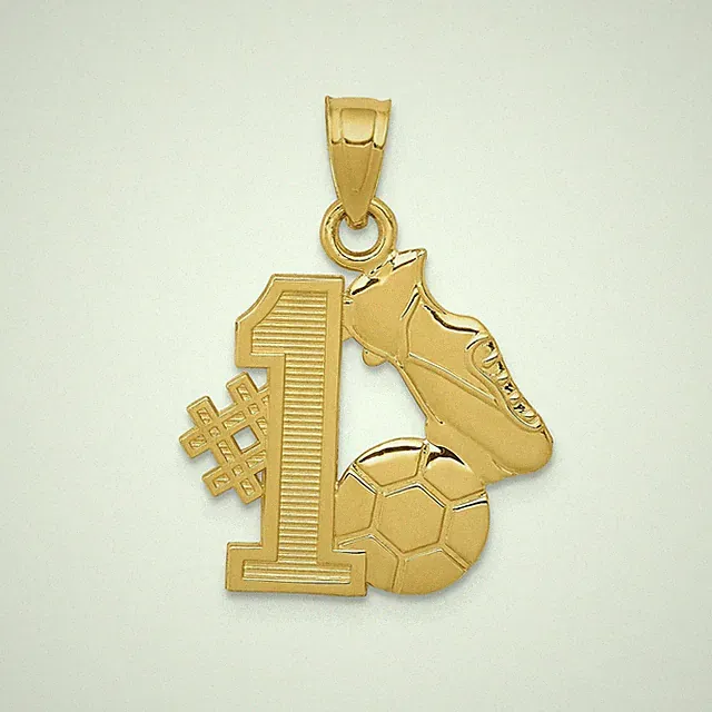14k Yellow Gold Soccer Pendant Cleat Ball Number One Sports Charm for Athletes