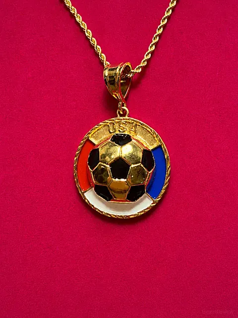 14KT Gold Plated USA Enamel Soccer Ball Charm w/ 24" 2.5mm rope chain- USSB