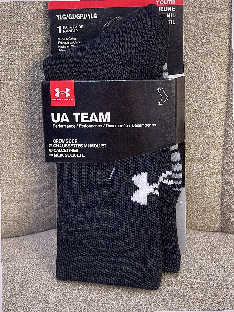 ✅ $15 Under Armour Crew Socks Black Team Cushioned Over-the-Calf Youth L Soccer