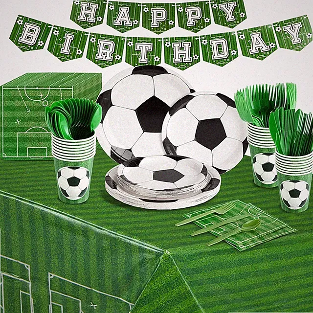 171-Piece Soccer Party Decoration Set - Serves 24, Green Soccer Ball Pattern...