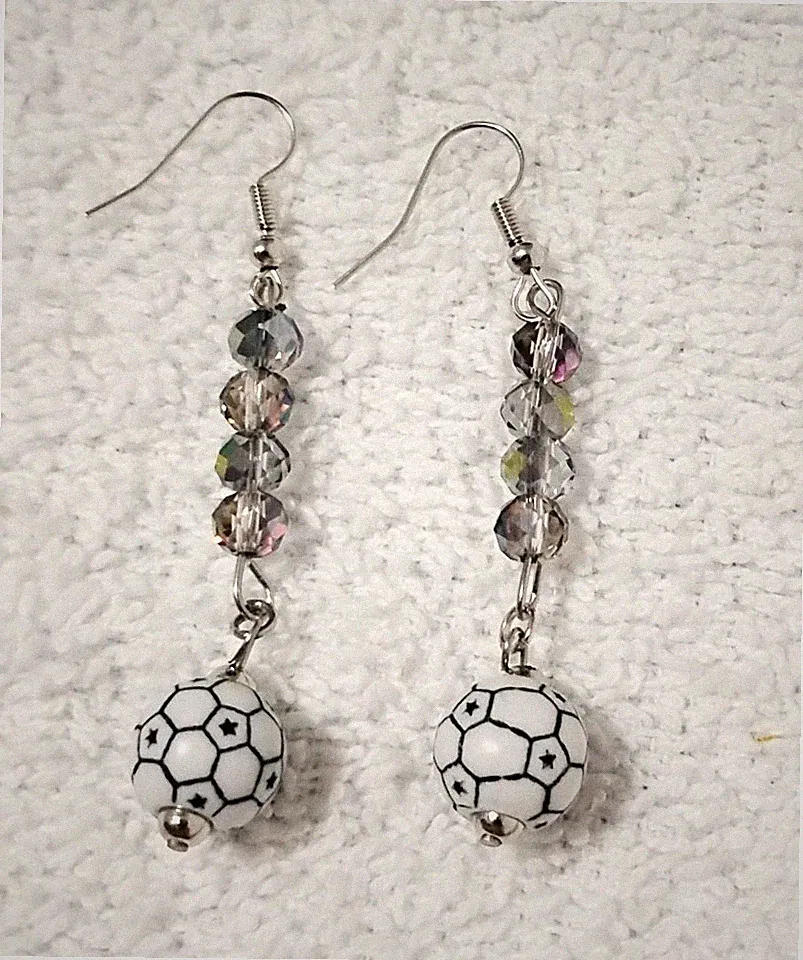 2.25" Dangling Soccer Ball Earrings Handmade Silver Tone Black & White Jewelry