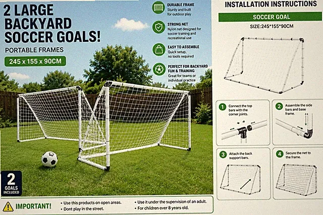 2 Large Backyard Soccer Goals Portable Training Net Set 245x155x90cm New