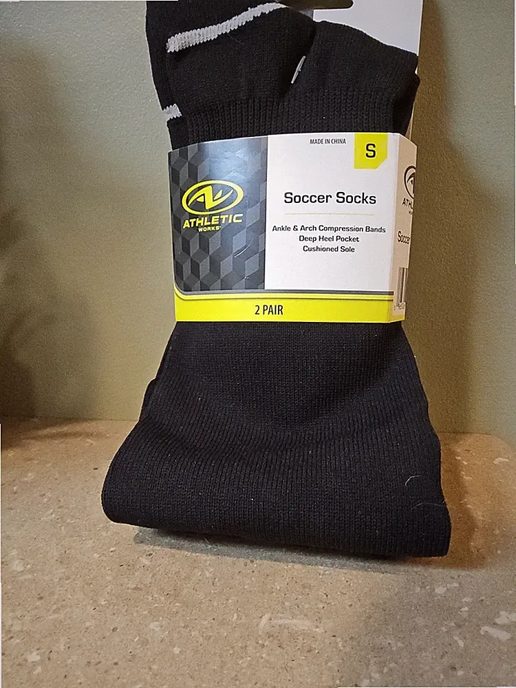 2 Pair Soccer Socks Athletic Works Youth Small New Black Fits Shoe Sz 10 - 4.5