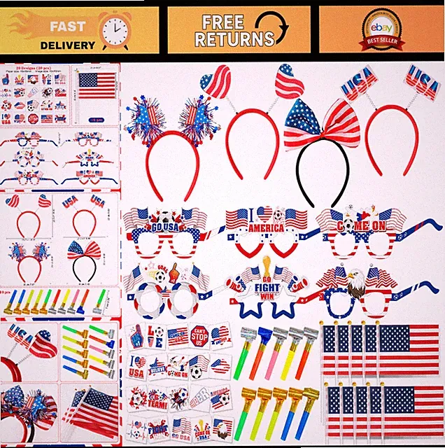 2026 Soccer Cup Party Favors for 10 - USA Patriotic Tattoos, Glasses, Flags & No