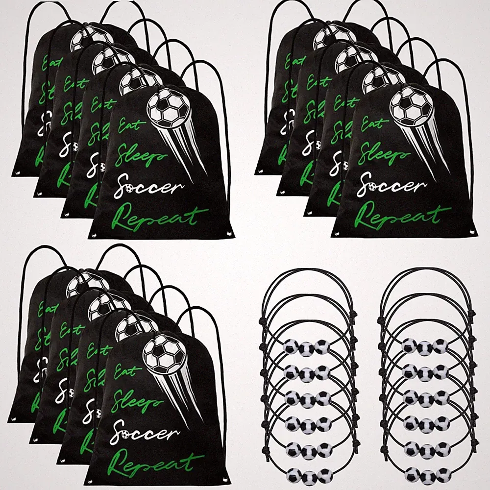 24 Pcs Soccer Party Favors, 12 Pcs Drawstring Backpacks & 12 Pcs Bracelets, L...