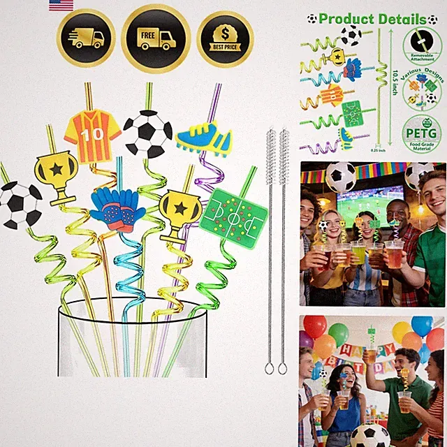 24 Reusable Sports Theme Straws for Boys Girls Football Soccer Party Favors