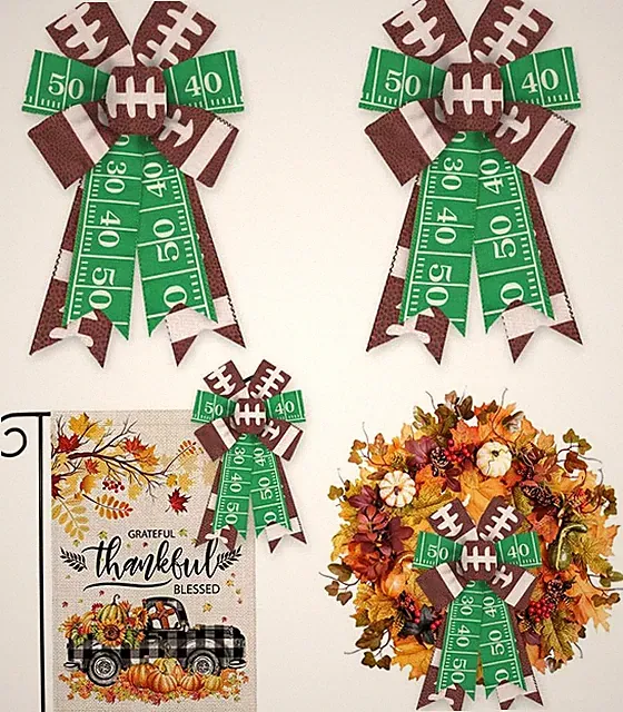 2Pcs Football Party Bows for Wreaths, Fall Wreath Bows, Super Bowl Bows, Green B