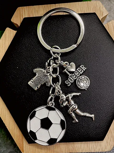 3.5” Silver-tone Heart Soccer Bead Charm Keychain New Free Ship A4790