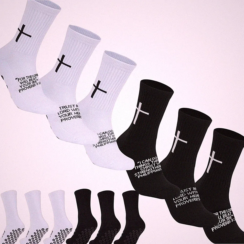 3/6 Pairs Cross Grip Soccer Socks for US 6-13 - Anti-Slip Christian Socks With