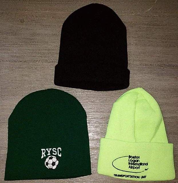 3 mens WINTER BEANIE HATS solid black GREEN SOCCER BALL RYSC NEON GREEN BOSTON