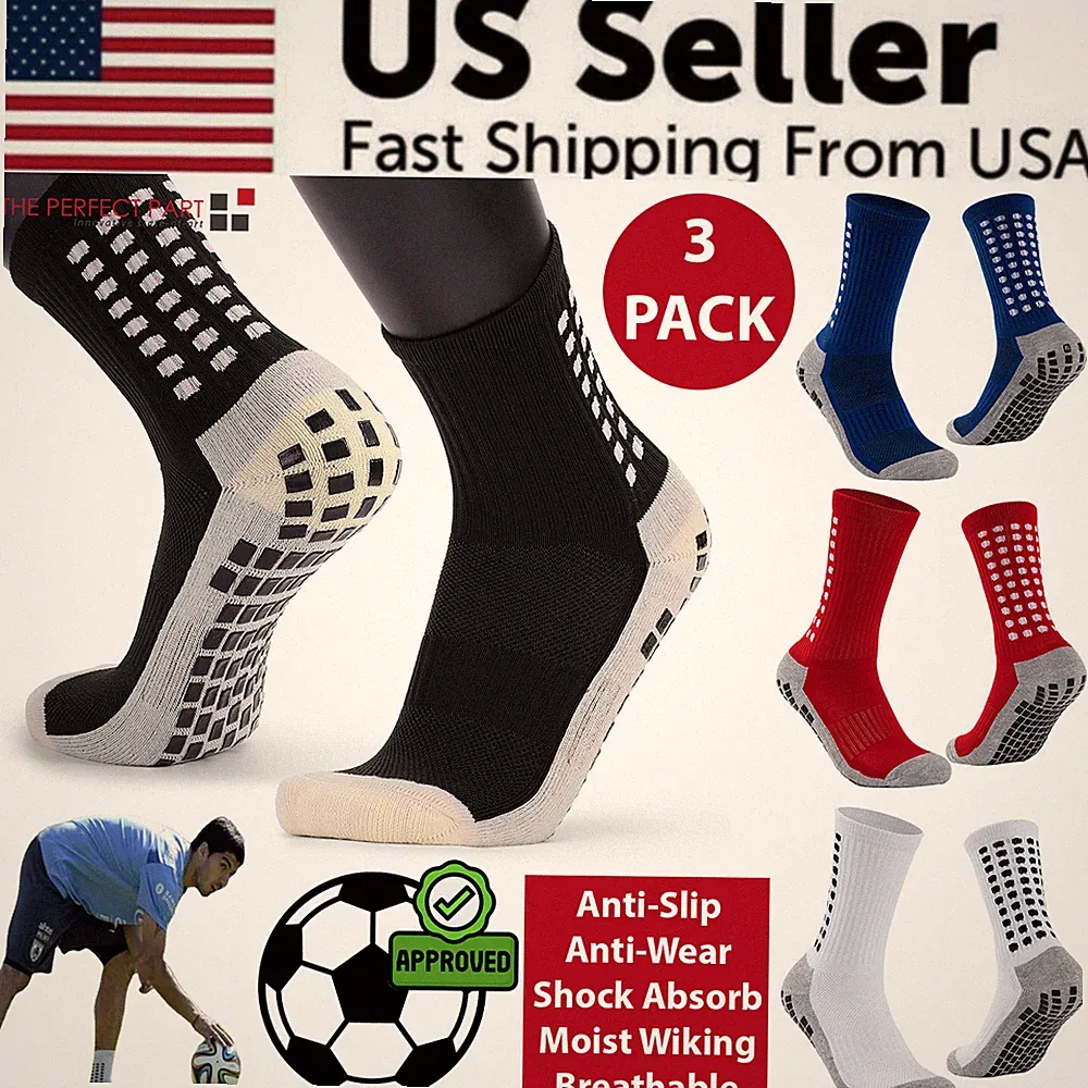 3 Pair Sport Socks Anti Slip W/ Grip Soccer Men Football Basketball Sock Premium