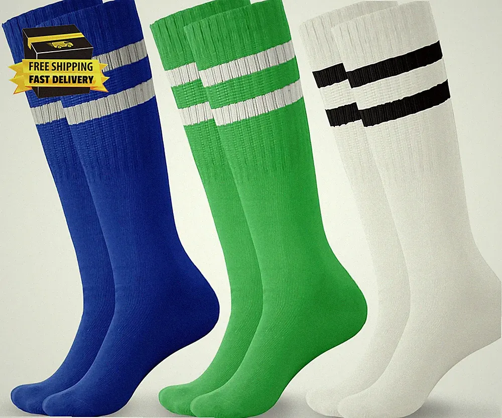 3 Pairs Boys Soccer Athletic Socks Kids Striped Football Knee High Uniform Sport