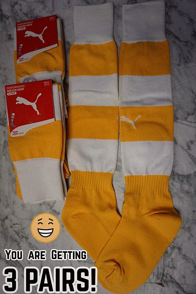3 PAIRS! Puma Adult Size 3 = Shoe Size 7-12 Soccer Socks YELLOW + WHITE #270