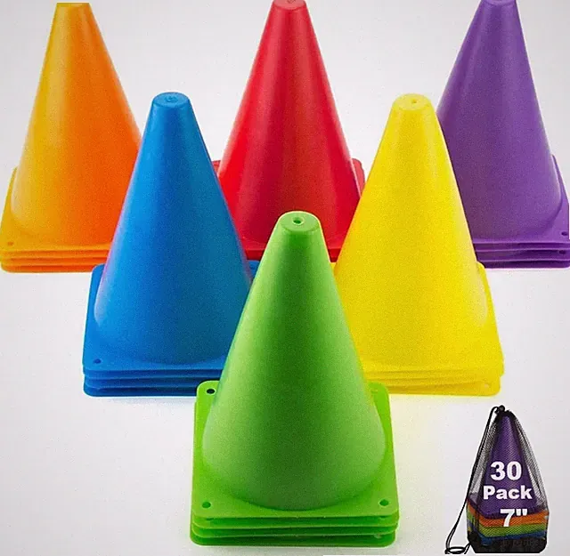 30 Pack 7-Inch Colored Soccer Cones for Sports and Agility Training
