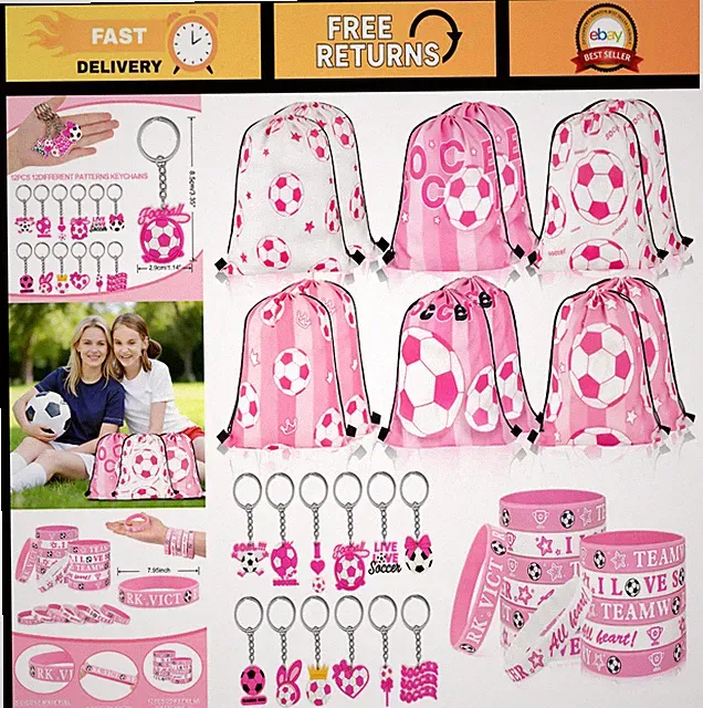 36 Pcs Pink Soccer Party Favors Set - Drawstring Bags, Bracelets & Keychains for
