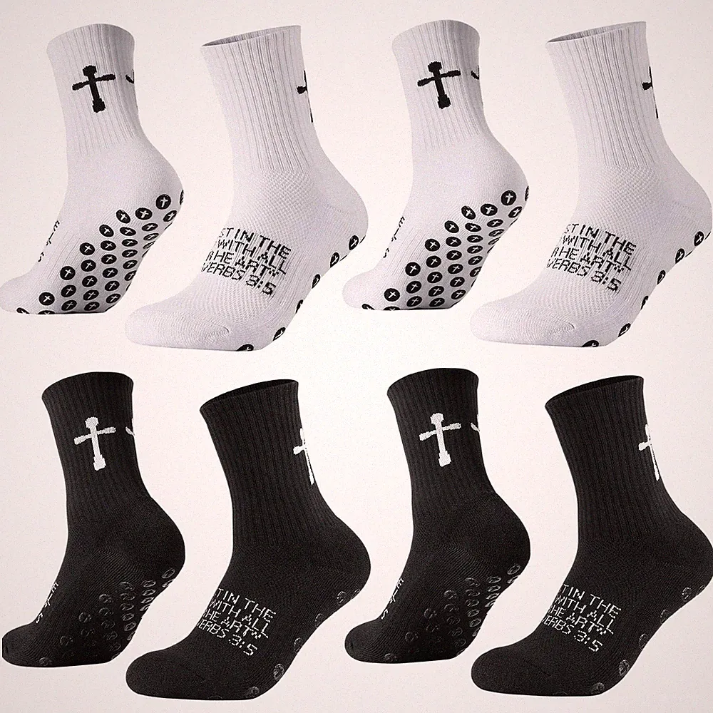 4 Pairs Cross Grip Soccer Socks Anti Slip Socks Black White