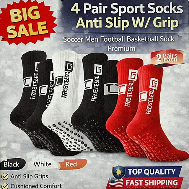4 Pairs Grip Soccer Socks for Men Anti Slip Athletic Socks Non-Slip Crew Socks