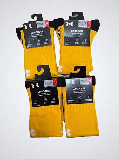 (4) UNDER ARMOUR UA SOCCER YOUTH YELLOW OVER THE CALF SOCKS SIZE 13.5K-4.5