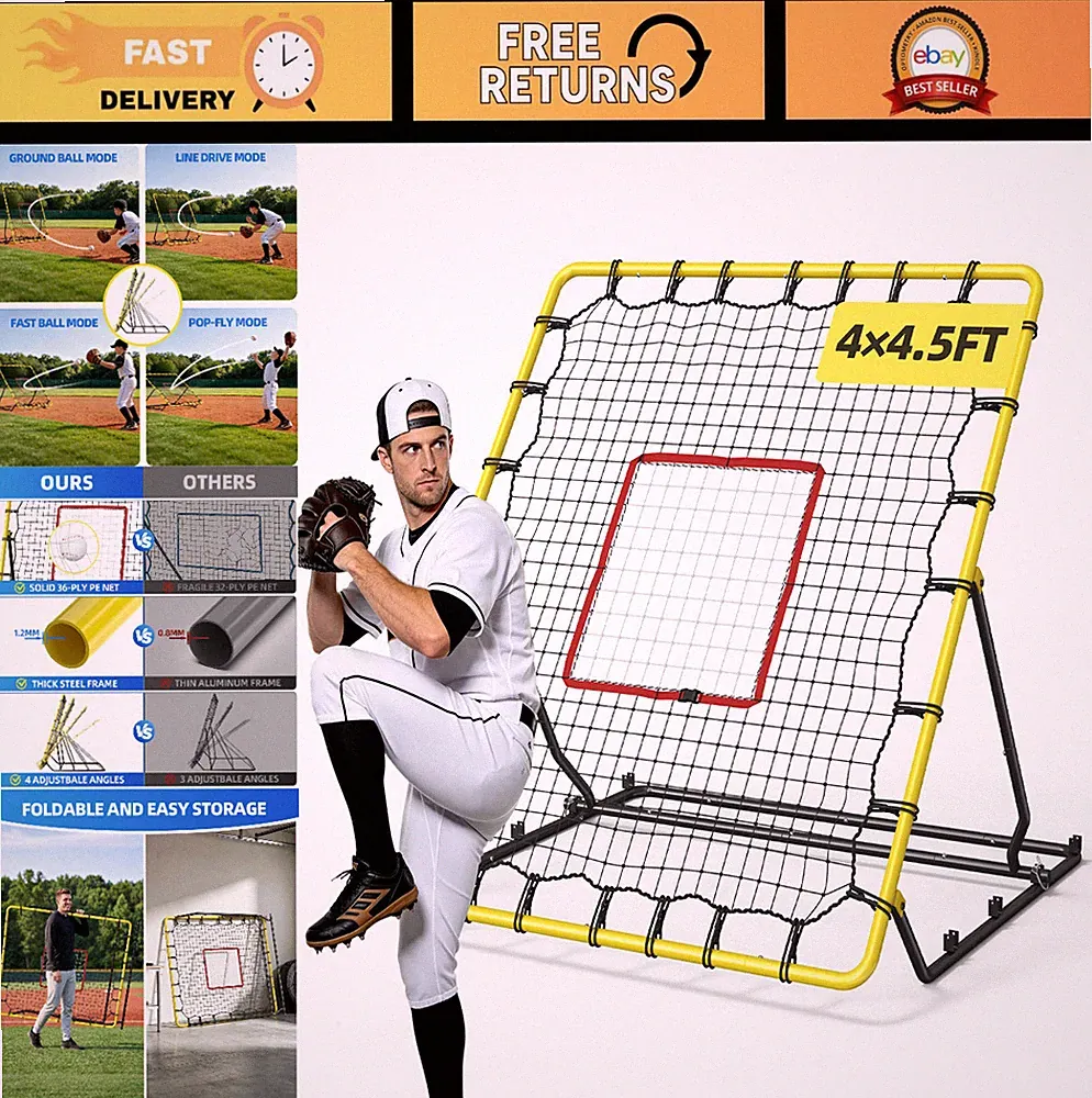 4x4.5 Ft Rebounder Net for Baseball, Soccer & Volleyball - Portable Pitch Back T