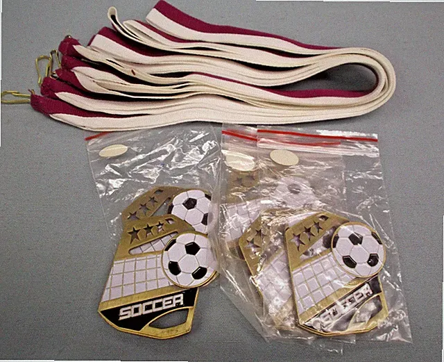 5 enameled Gold Soccer Medals – maroon/white Ribbons PDU standing feature