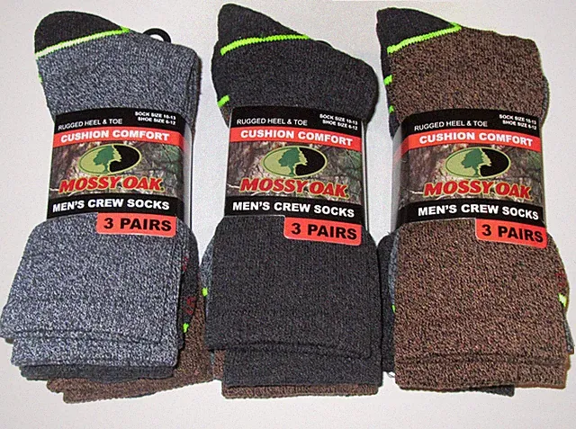 6 Pairs Mens Mossy Oak Mid Calf Cushioned Medium Weight & Thickness Crew Socks