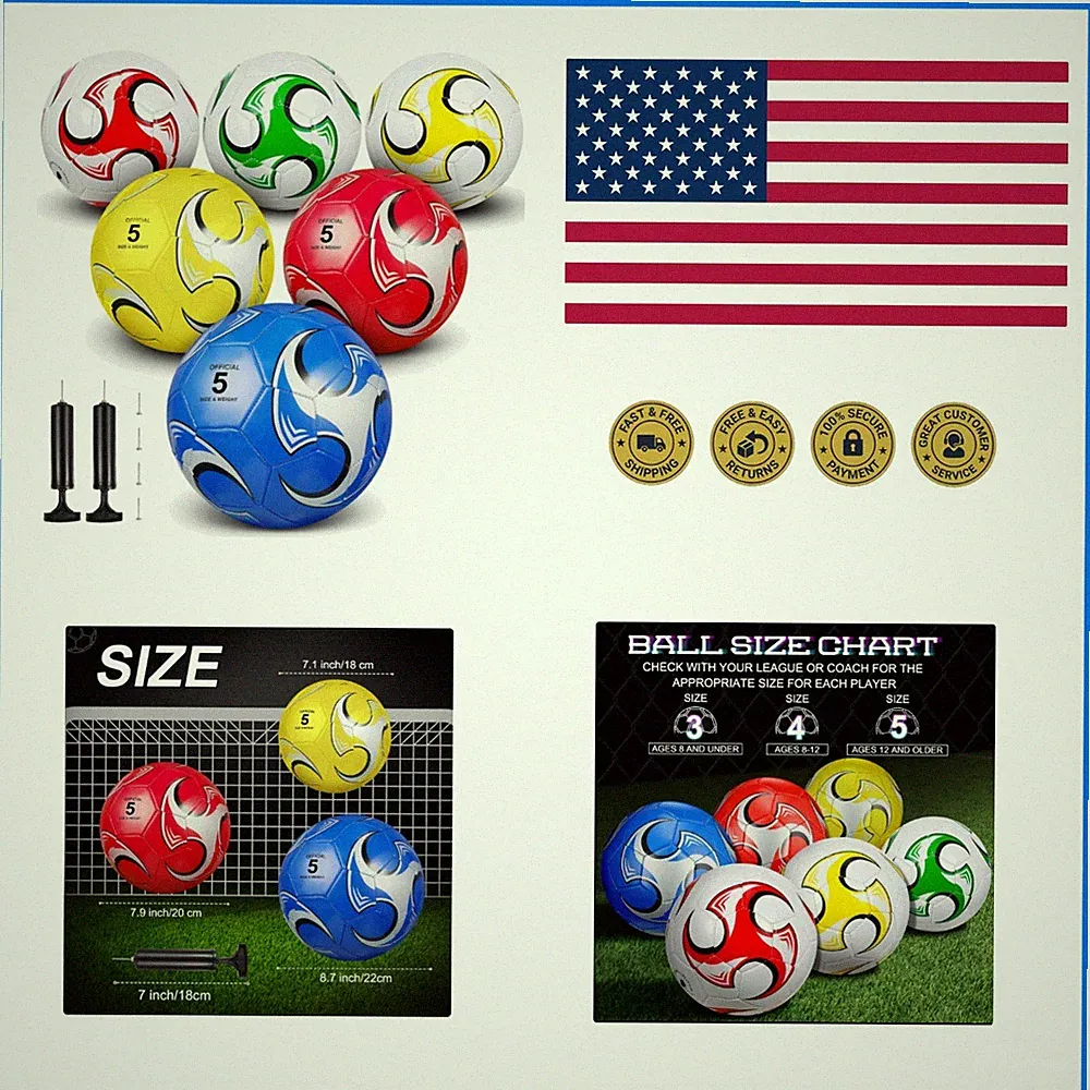 6 Pcs Soccer Ball Bulk with Pump Official Size 5/4/3 Soccer Ball Indoor Outdo...