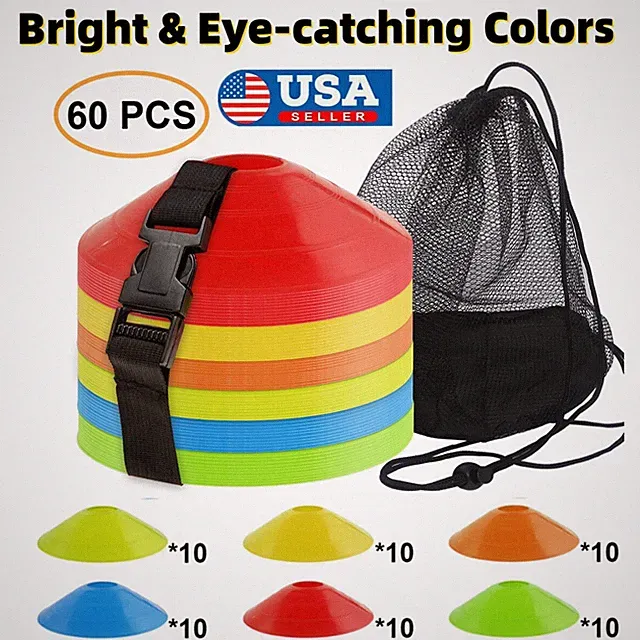 60Pcs Soccer Disc Cones Football Agility Training Field Marking Aid w/ Carry Bag