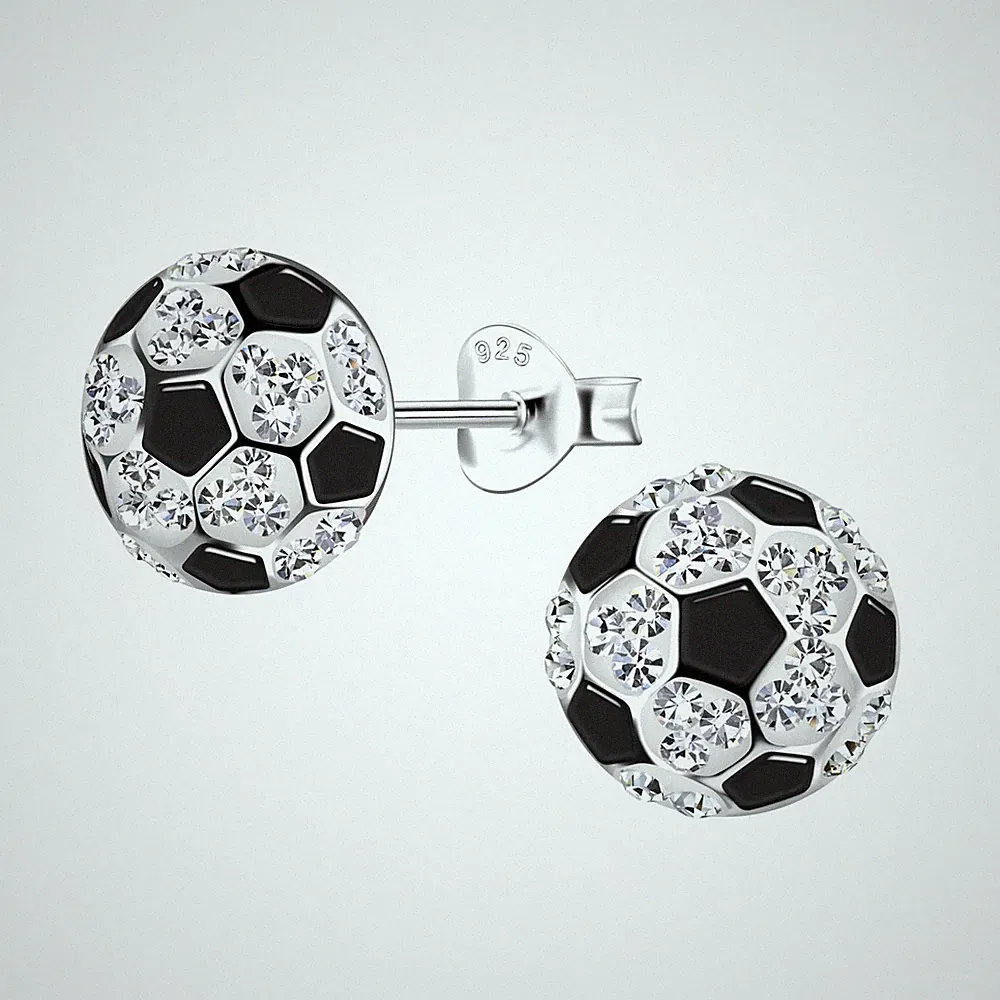 925 Sterling Silver Round Soccer Ball Stud Earrings (Nickel Free) (Soccer Ball 9