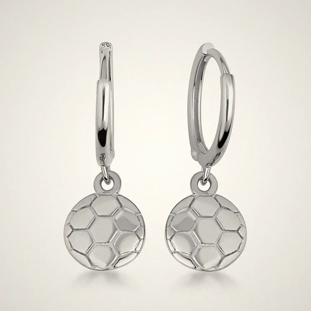 .925 Sterling Silver Soccer Ball Athletic Sports Drop Huggie Hoop Earrings