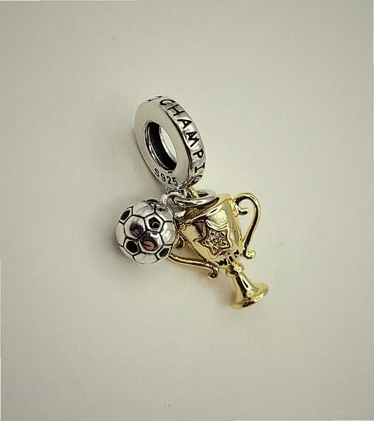 925 Sterling Silver Soccer Ball & Trophy Charm Pendant For Bracelet Or Necklace