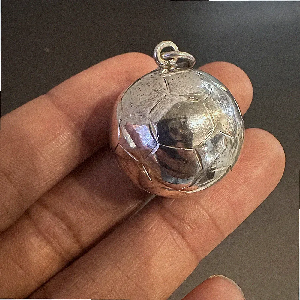 925 Sterling Silver Soccer Necklace Pendant Mens Womens Round Noise Maker