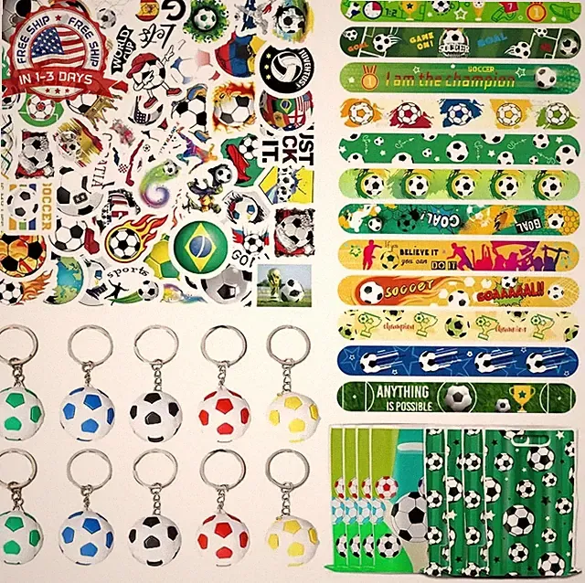 93PCS Soccer Party Favors Set, Slap Bracelets, Keychains, Stickers, Soccer Goodi