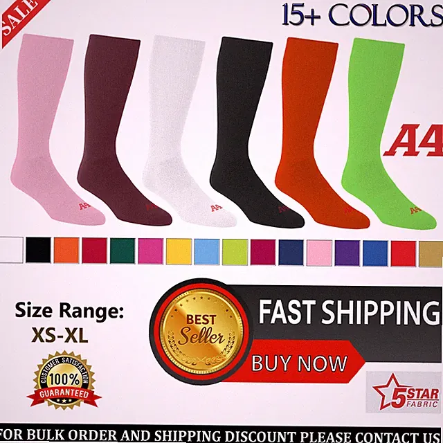 A4 Mens Polyester/Polypropylene/Spandex/Rubber Multi-Sport Tube Sock S8005 XS-XL