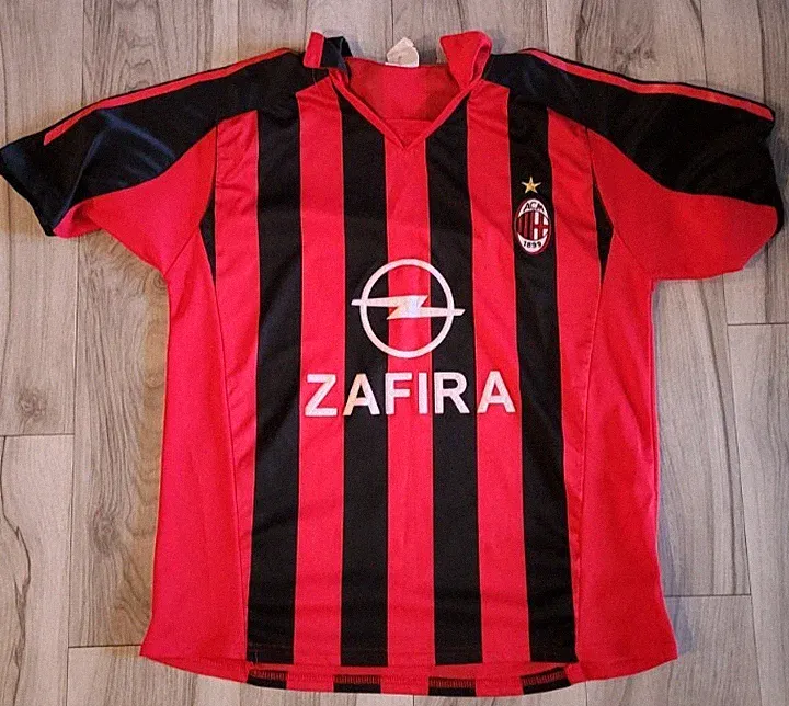 AC Milan 2004/05 Home Soccer Jersey Mens Large Red Striped Zafira Football Shirt