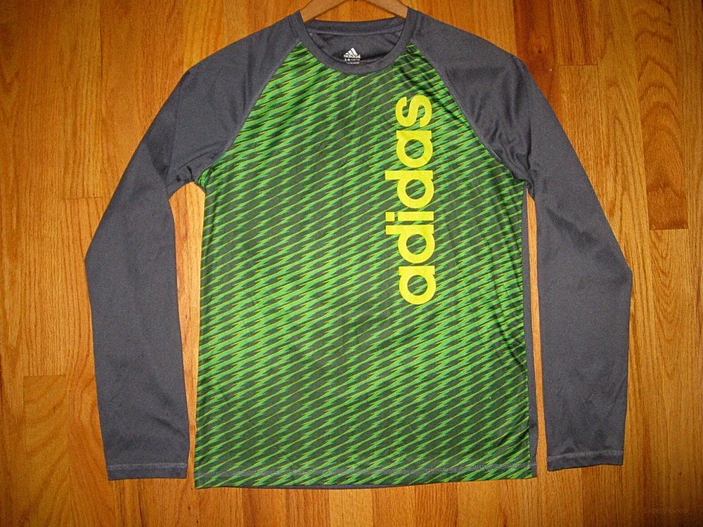 Adidas Boys Sz LARGE 14/16 Green Gray Long sleeve crew neck Soccer train Shirt