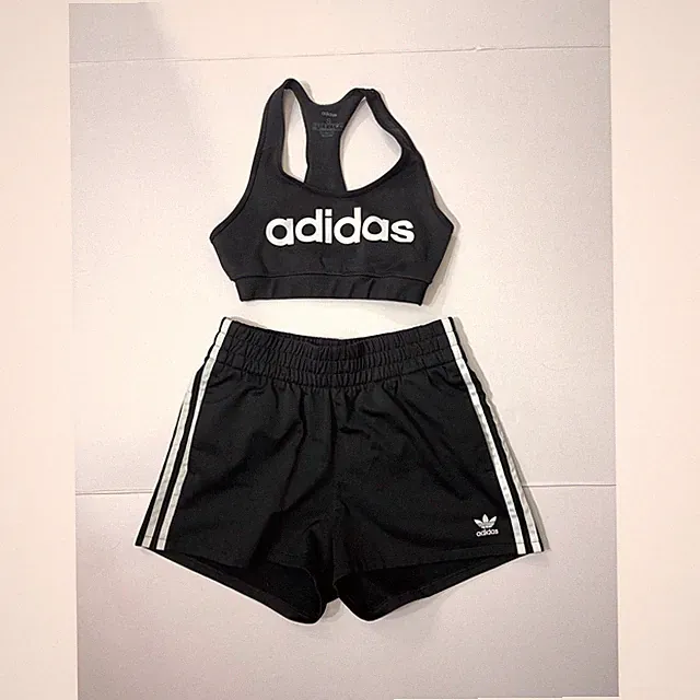 Adidas Bundle Womens 2 Piece Set Black White Sports Bra & 3 Stripe Shorts Size S