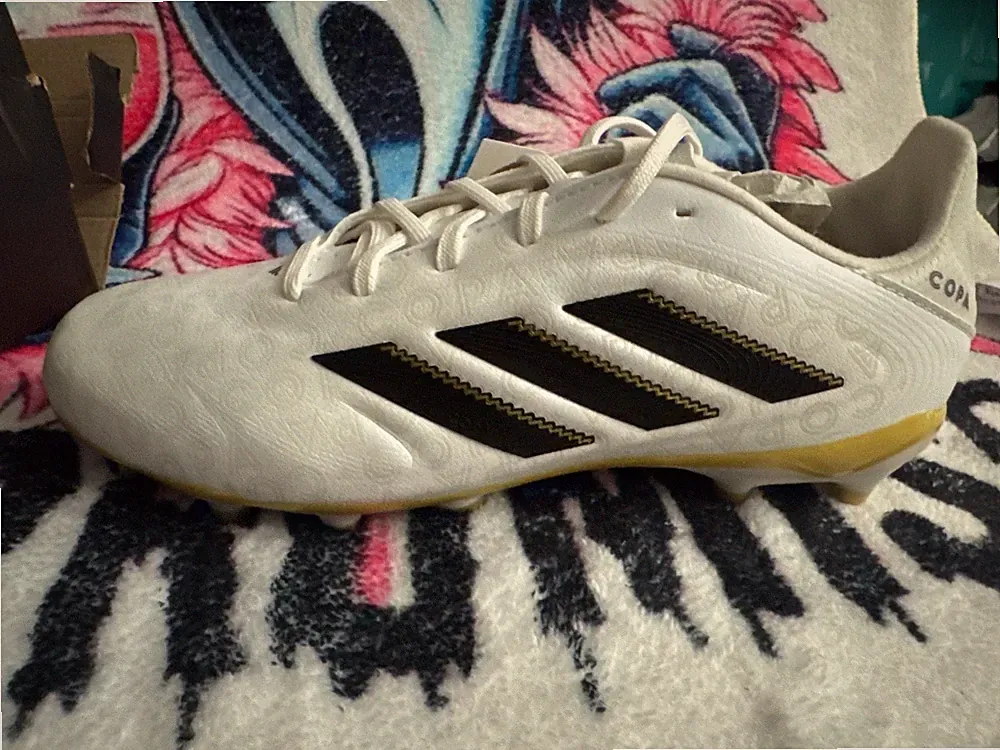 adidas Copa Pure 3 League FG/MG soccer cleat in a white and black colorway with