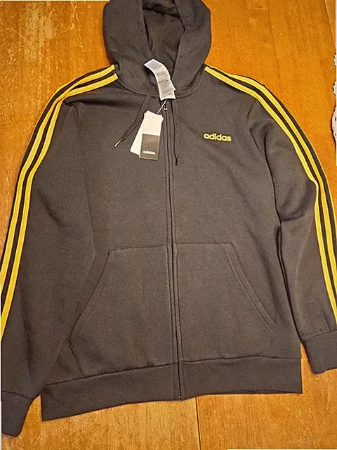 adidas Essentials Fleece 3-Stripes Black Yellow Hoodie Fleece Zip Up Large New