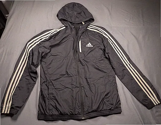 Adidas Essentials Woven Jacket Mens L Black White Striped Windbreaker Hooded Zip
