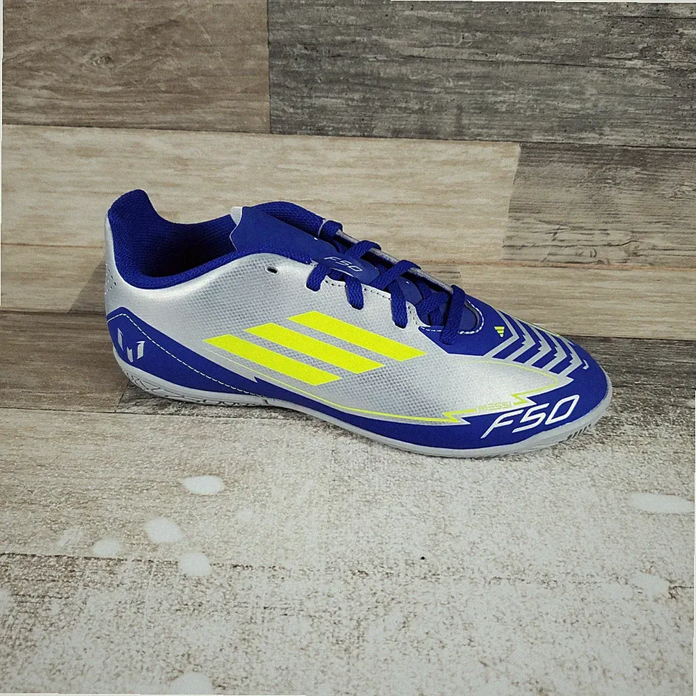 Adidas F50 Club Messi Kids Cleats Sz 4.5 Silver Metallic Solar Yellow Soccer