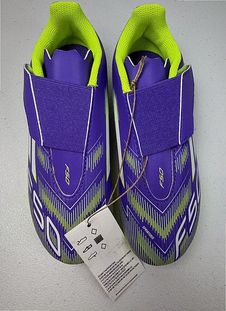 Adidas F50 Club Soccer Cleats Child Size 1.5 Hook & Loop Purple Neon Green