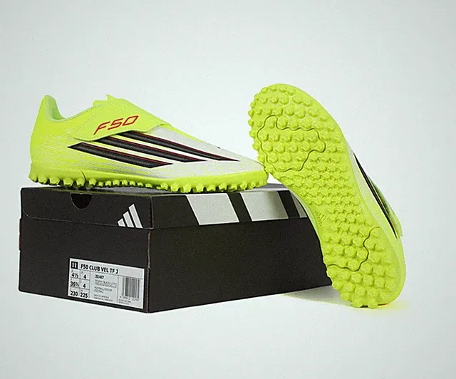 adidas F50 Club VEL Laceless TF Kids Turf Soccer Shoes Solar Yellow JS1487