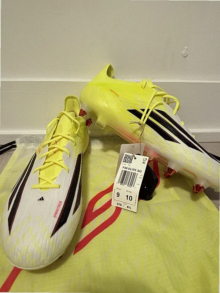 adidas F50 Elite SG White Solar Yellow Men’s Size 9 Soft Ground Soccer Cleats
