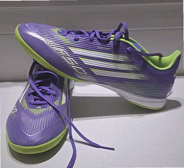 adidas F50 Men’s Indoor Soccer Shoes Low Top Lace-Up Striped Purple Green