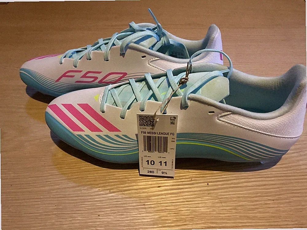 Adidas F50 MESSI LEAGUE WHITE/BLUE FIRM GROUND SOCCER CLEATS Mens Size 10