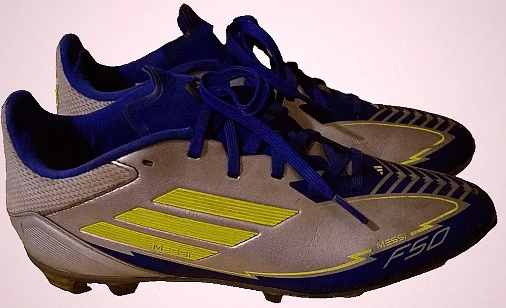 ADIDAS F50 MESSI SOCCER CLEATS MEN SIZE 7 BLUE SILVER YELLOW PRE-OWNED FAIR COND